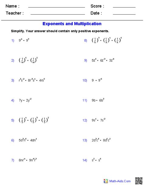 multiplication properties of exponents worksheet answers